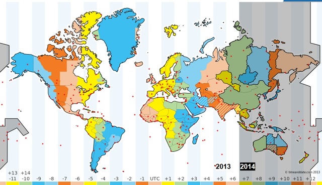 
	Việt Nam cùng nhiều nước và vùng lãnh thổ trên thế giới đã chính thức bước vào năm mới 2014 (vùng màu xám bên phải). Ảnh: timeanddate.com