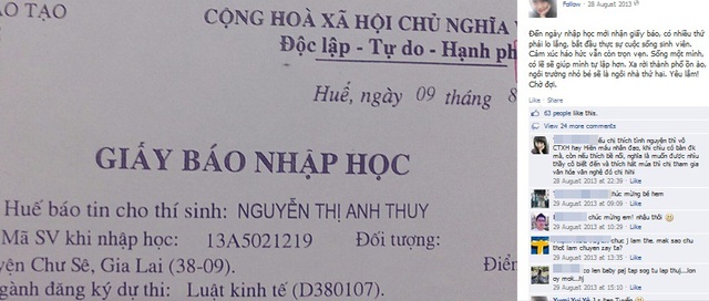 Tờ giấy báo nhập học của nữ sinh xấu số đăng tải trên trang facebook cá nhân