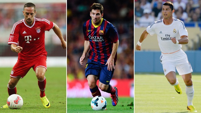  	Ronaldo (phải) có màn trình diễn cá nhân nổi bật hơn Messi và Ribery trong năm 2013