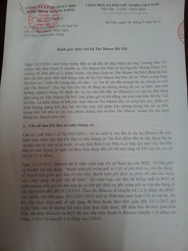 Công văn của công ty Bình Minh Thăng Long gửi cư dân The Manor phản hồi về các thông tin không tốt xuất hiện trên mạng thời gian qua.