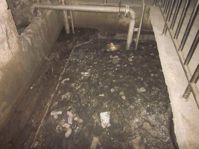 Bên trong toà chung cư The Manor, tại nơi xử lý chất thải, cặn chất thải rắn dày đặc như xi măng do không được thường xuyên xử lý.