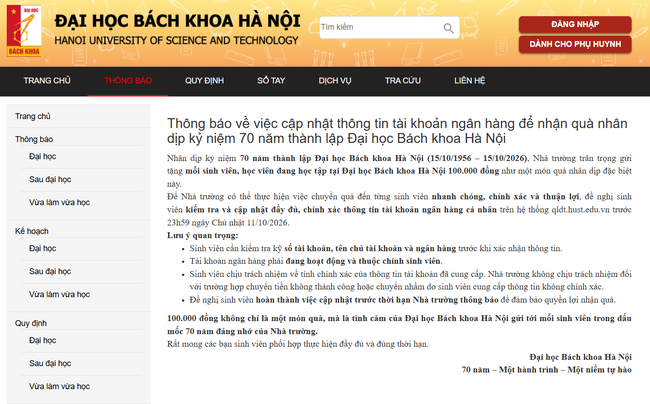 Đại học B&aacute;ch khoa H&agrave; Nội tặng mỗi sinh vi&ecirc;n 100.000 đồng, chuyển v&agrave;o t&agrave;i khoản ng&acirc;n h&agrave;ng - Ảnh 1.