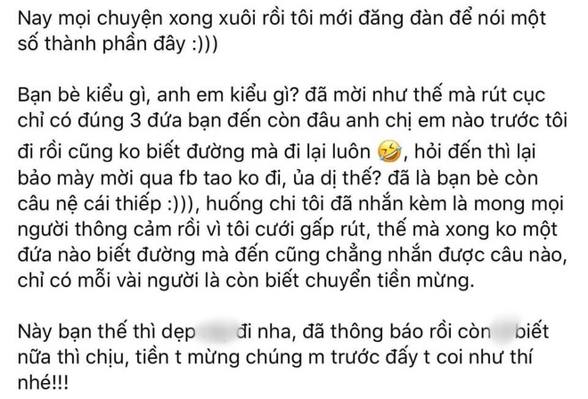 Mời đám cưới nhưng chỉ 3 người đến, cô dâu đăng đàn chỉ trích bạn bè không đi cũng chẳng gửi mừng - Ảnh 2.