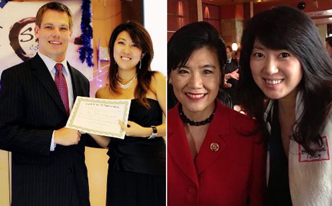 Christine Fang với Nghị sĩ Eric Swalwell (trái) và nữ Nghị sĩ Judy Chu. Ảnh: Facebook.