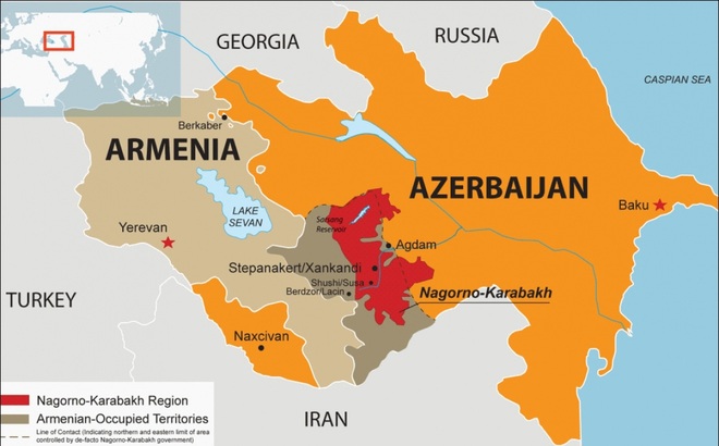 Bản đồ Armenia, Azerbaijan, và khu vực Nagorno-Karabakh trước khi nổ ra cuộc chiến Karabakh lần 2 vào tháng 9/2020. Đồ họa: Drishti IAS.