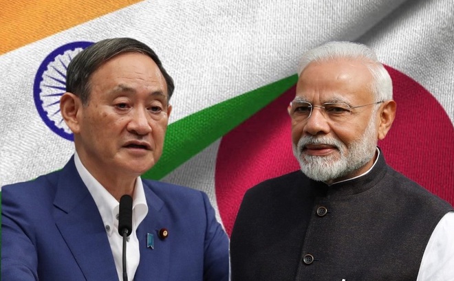 Thủ tướng Nhật Bản Yoshihide Suga (trái) và Thủ tướng Ấn Độ Narenda Modi