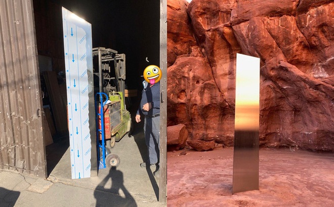 TMFA đăng 2 bức ảnh chụp khối kim loại sáng bóng ở Utah (phải) và vật thể tương tự được bọc trong giấy bóng kính bảo vệ trong một nhà kho. Ảnh: TMFA