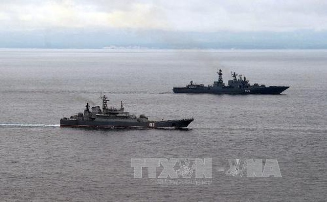 Tàu chiến Nga tham gia cuộc tập trận gần đảo Sakhalin, Thái Bình Dương. Ảnh: AFP/TTXVN