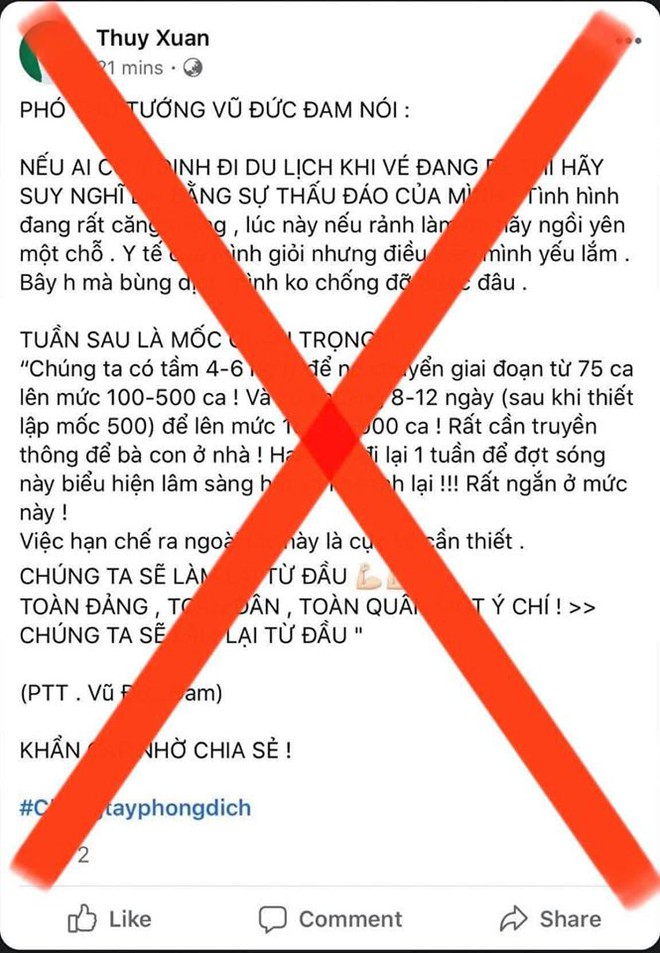 Phát hiện tài khoản đăng thông tin giả phát ngôn của PTT Vũ Đức Đam về phòng, chống Covid-19 - Ảnh 1.