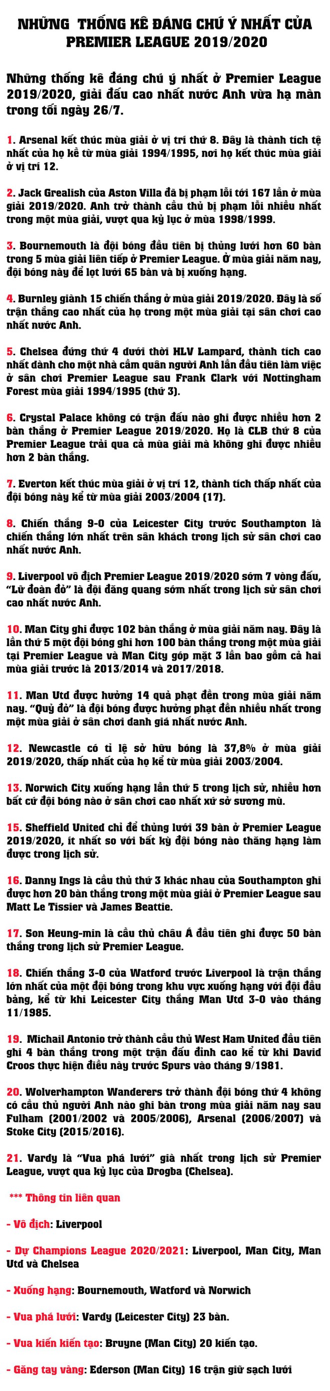 Những thống kê đáng chú ý nhất ở Premier League 2019/2020 - Ảnh 1.