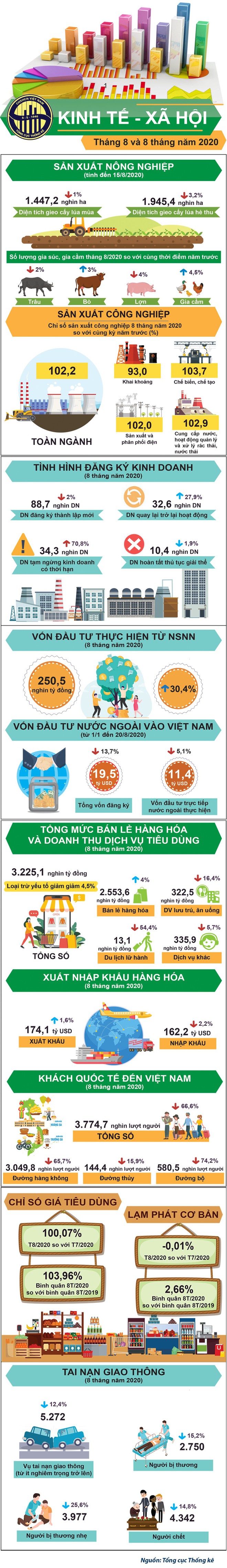 [Infographic] Toàn cảnh kinh tế - xã hội 8 tháng đầu năm 2020 qua những con số - Ảnh 1.