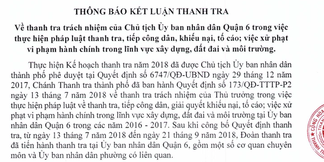 Kết luận thanh tra trách nhiệm Chủ tịch UBND Quận 6 - Ảnh 1.