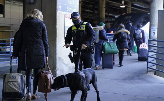 Một sĩ quan dẫn theo chó nghiệp vụ kiểm tra lý của hành khách trước khi họ lên tàu Amtrak, khởi hành từ Ga Union, trong bối cảnh an ninh được tăng cường trước lễ nhậm chức của Tổng thống đắc cử Joe Biden.