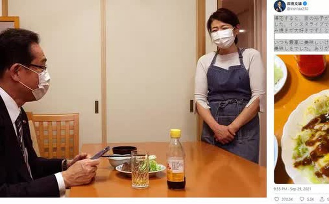 Bức ảnh gây tranh cãi vào năm ngoái (trái) và bức ảnh khoe món ngon do vợ nấu năm nay của ông Kishida. Ảnh: Twitter