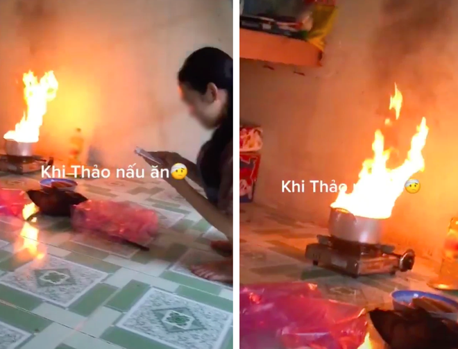 Lửa đang cháy phừng phực trên bếp nhưng cô gái vẫn “tỉnh queo” bấm điện thoại, netizen lại phẫn nộ nhất vì lý do này - Ảnh 1.