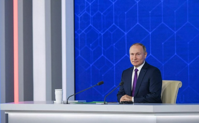 Tổng thống Nga Putin trong buổi họp báo thường niên ngày 23/12/2021. Ảnh: Sputnik