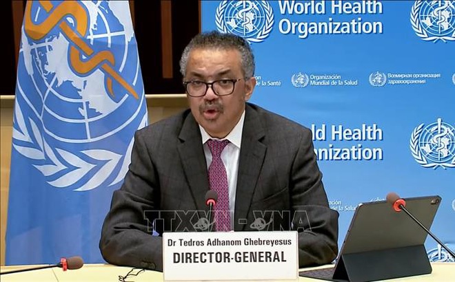 Tổng giám đốc WHO Tedros Adhanom Ghebreyesus tại cuộc họp báo ở Geneva, Thụy Sĩ. Ảnh: AFP/TTXVN