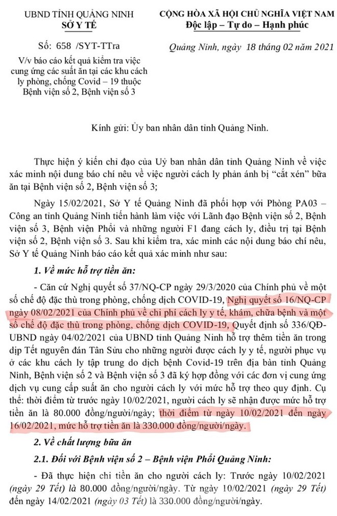 Vụ suất ăn bị cắt xén trong khu cách ly: Sở Y tế Quảng Ninh áp dụng sai Nghị quyết của Chính phủ? - Ảnh 2.