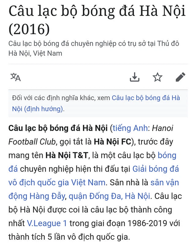 Fan Hà Nội FC kêu trời vì loạt thông tin pha ke thiếu văn hóa về đội bóng con cưng trên Wikipedia - Ảnh 2.