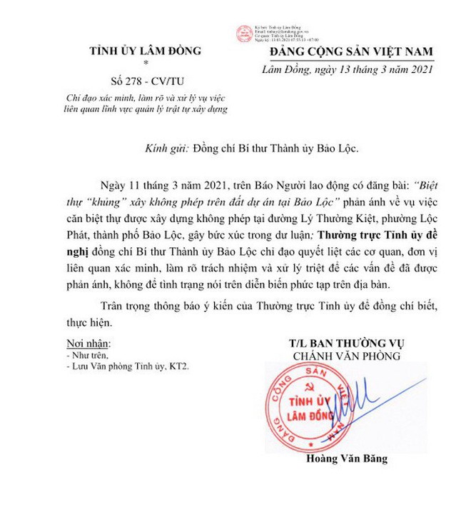 Tỉnh ủy Lâm Đồng chỉ đạo xử lý vụ biệt thự khủng xây không phép - Ảnh 2.