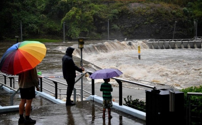 Người dân nhìn dòng sông Parramatta trong mưa lớn ở Sydney, Australia hôm 20/3. Ảnh: AFP.