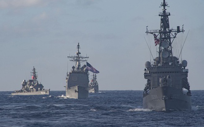 Nhóm tàu của JMSDF và TRCSG đi qua Thái Bình Dương hôm 28-2. Ảnh: Hải quân Mỹ