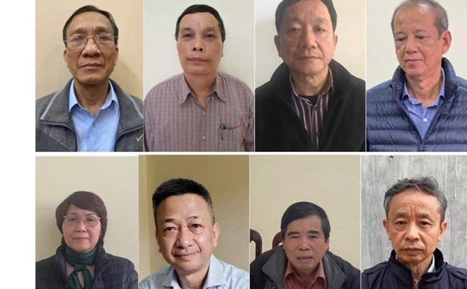 Các bị can trong vụ án sai phạm xảy ra tại Công ty Gang thép Thái Nguyên và một số đơn vị liên quan. Ảnh: Bộ Công an
