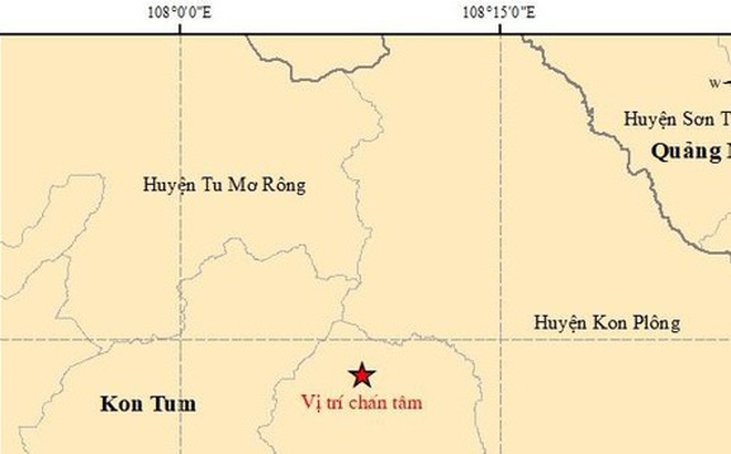 Tâm chấn trận động đất xảy ra tối qua ở Kon Tum. Nguồn: Trung tâm báo tin động đất và cảnh báo sóng thần.