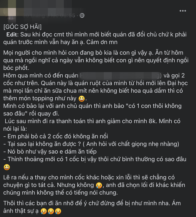 Đang ăn thấy giòi ngoe nguẩy trong cốc, cô gái phàn nàn thì chủ quán nói 1 câu khiến cô bật dậy bỏ về - Ảnh 1.