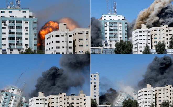 Quân đội Israel đã san bằng một tòa nhà ở Gaza, nơi đặt văn phòng của các hãng tin Al Jazeera và AP, vào ngày 15-5. Ảnh: Reuters