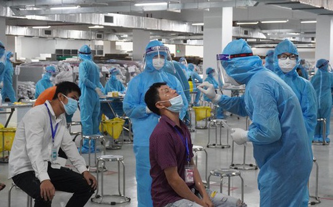 Cán bộ y tế của tỉnh Quảng Ninh lấy mẫu xét nghiệm cho công nhân ở Bắc Giang