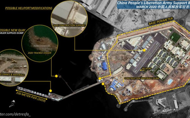 Căn cứ hải ngoại đầu tiên của Trung Quốc ở Djibouti nằm rất gần các căn cứ của Mỹ, châu Âu và Nhật Bản. Ảnh: TWITTER