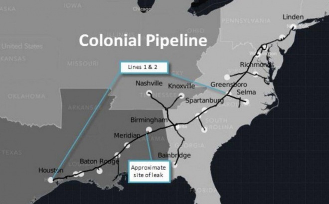 Bản đồ đường ống cung cấp xăng dầu của công ty Colonial Pipeline trải dài bờ biển miền Đông nước Mỹ.