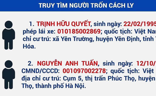 Sở Y tế tỉnh Tây Ninh tìm 2 thanh niên trốn cách ly tập trung.