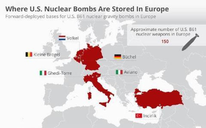 Bản đồ vị trí các căn cứ hạt nhân Mỹ ở châu Âu. Nguồn: Huanqiu.
