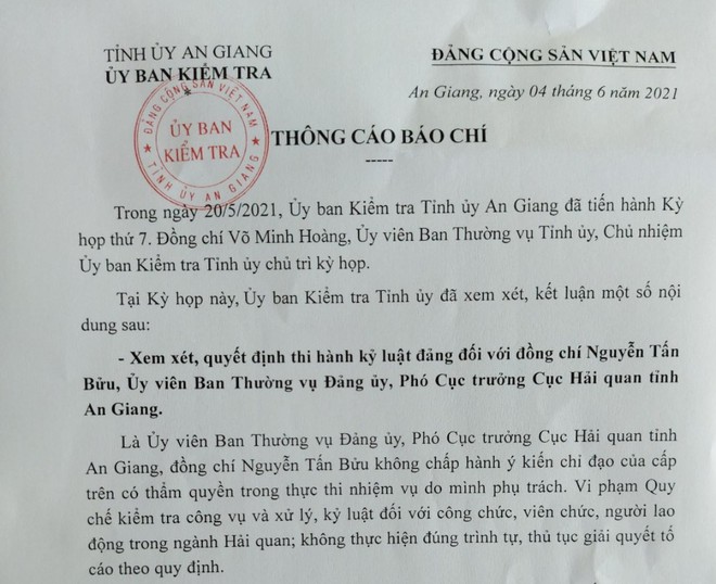 Phó Cục trưởng Cục Hải quan tỉnh An Giang bị kỷ luật - Ảnh 1.