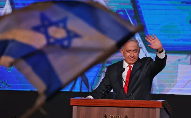 Thủ tướng Benjamin Netanyahu phát biểu trước người ủng hộ ngày 24/3. Ảnh: AFP