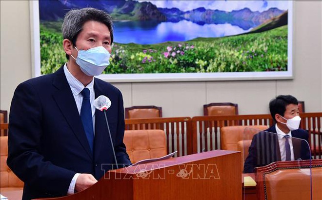 Bộ trưởng Thống nhất Hàn Quốc Lee In-young phát biểu tại cuộc họp ở Seoul, ngày 28/5/2021. Ảnh: YONHAP/TTXVN