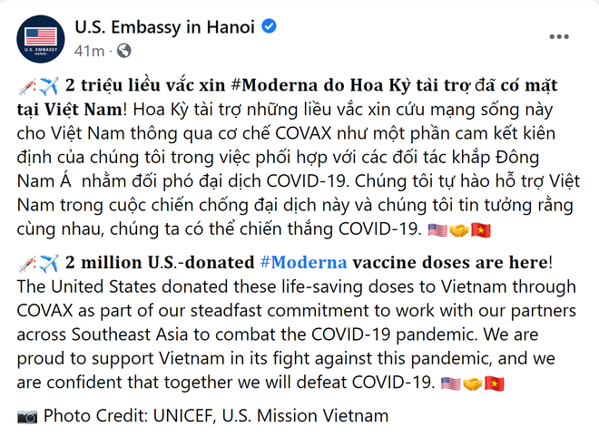 Đại sứ quán Mỹ: 2 triệu liều vắc xin Moderna do Mỹ tài trợ đã có mặt tại Việt Nam! - Ảnh 1.