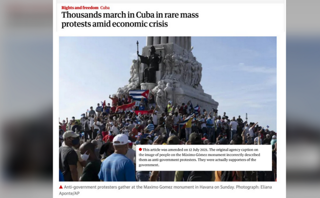 Tờ Guaridan và một số tờ báo phương Tây dùng ảnh có chú thích sai về Cuba. Ảnh chụp màn hình trang của Guardian