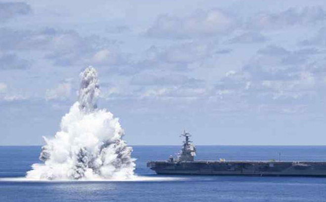 Tàu sân bay USS Gerald R. Ford trong cuộc thử nghiệm xung chấn ngày 16-7. Ảnh: Hải quân Mỹ