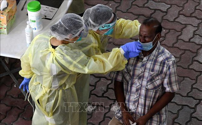 Nhân viên y tế lấy mẫu xét nghiệm COVID-19 tại Singapore. Ảnh: AFP/TTXVN