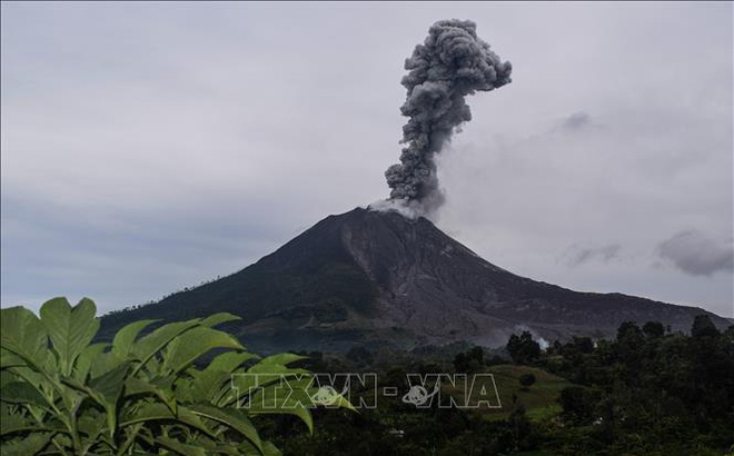 Núi lửa Sinabung ở Bắc Sumatra, Indonesia phun tro bụi lên bầu trời. Ảnh tư liệu: THX/TTXVN