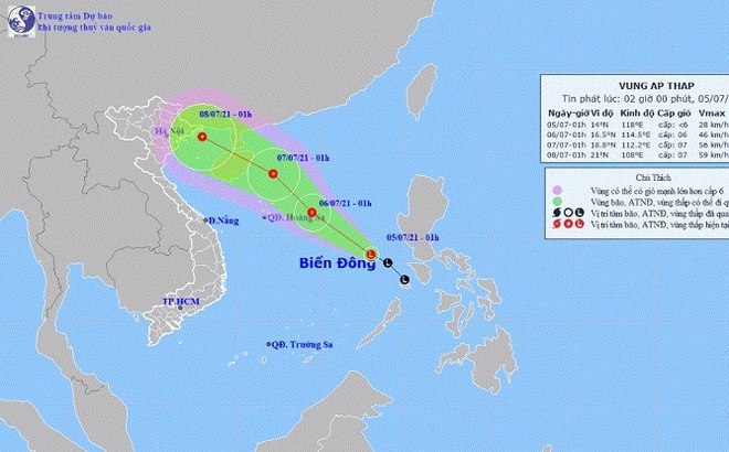 Hình ảnh vị trí, đường đi và sức gió của vùng áp thấp. (Ảnh: TTDBKTTVQG)