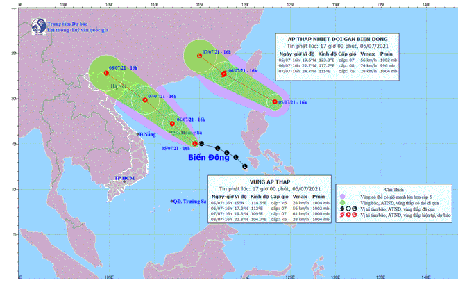 Biển Đông có thể xuất hiện cùng lúc 2 áp thấp nhiệt đới. Đồ họa: Trung tâm Dự báo Khí tượng Thủy văn Quốc gia.