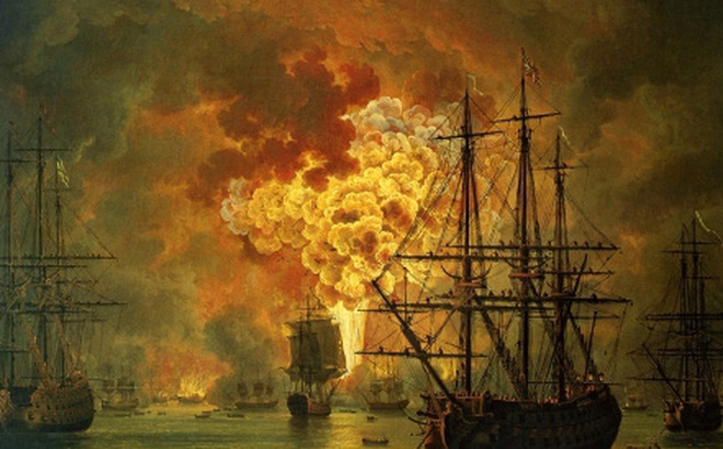 Hình ảnh hạm đội Ottoman bị phá hủy trong trận hải chiến Chesme. Tranh: Jacob Philipp Hackert.