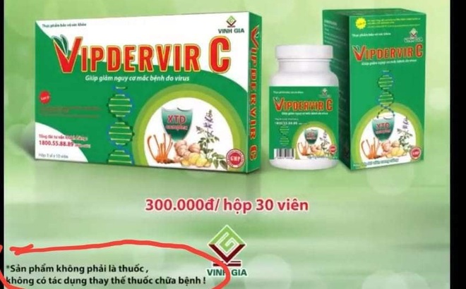 Hình ảnh thực phẩm chức năng VIPDERVIR C gây hiểu lầm là thuốc điều trị COVID-19.