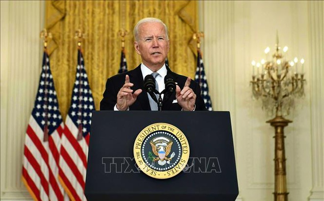 Tổng thống Mỹ Joe Biden trong bài phát biểu về tình hình Afghanistan, được truyền hình trực tiếp từ Washington DC., ngày 16/8/2021. Ảnh: AFP/TTXVN