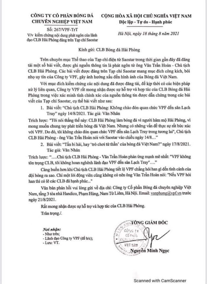 VPF yêu cầu giải thích về phát ngôn bôi nhọ, Chủ tịch CLB Hải Phòng xác nhận đúng 100% - Ảnh 1.