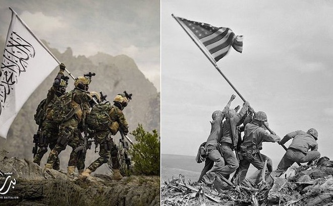 Nhóm chiến binh Taliban (trái) tái hiện bức ảnh lính Mỹ dựng cờ ở Iwo Jima năm 1945. Ảnh: Twitter Badri 313